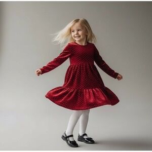 Kenzie Girl Sz 4 Red silver Polka Dot Velvet Dress XMAS Cottagecore Luxury Money